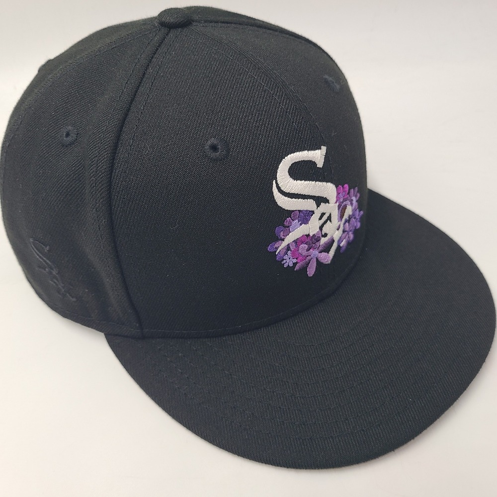 Chicago White Sox Hat Fitted 7 5/8 New Era 59Fifty Black Purple Floral Flowers